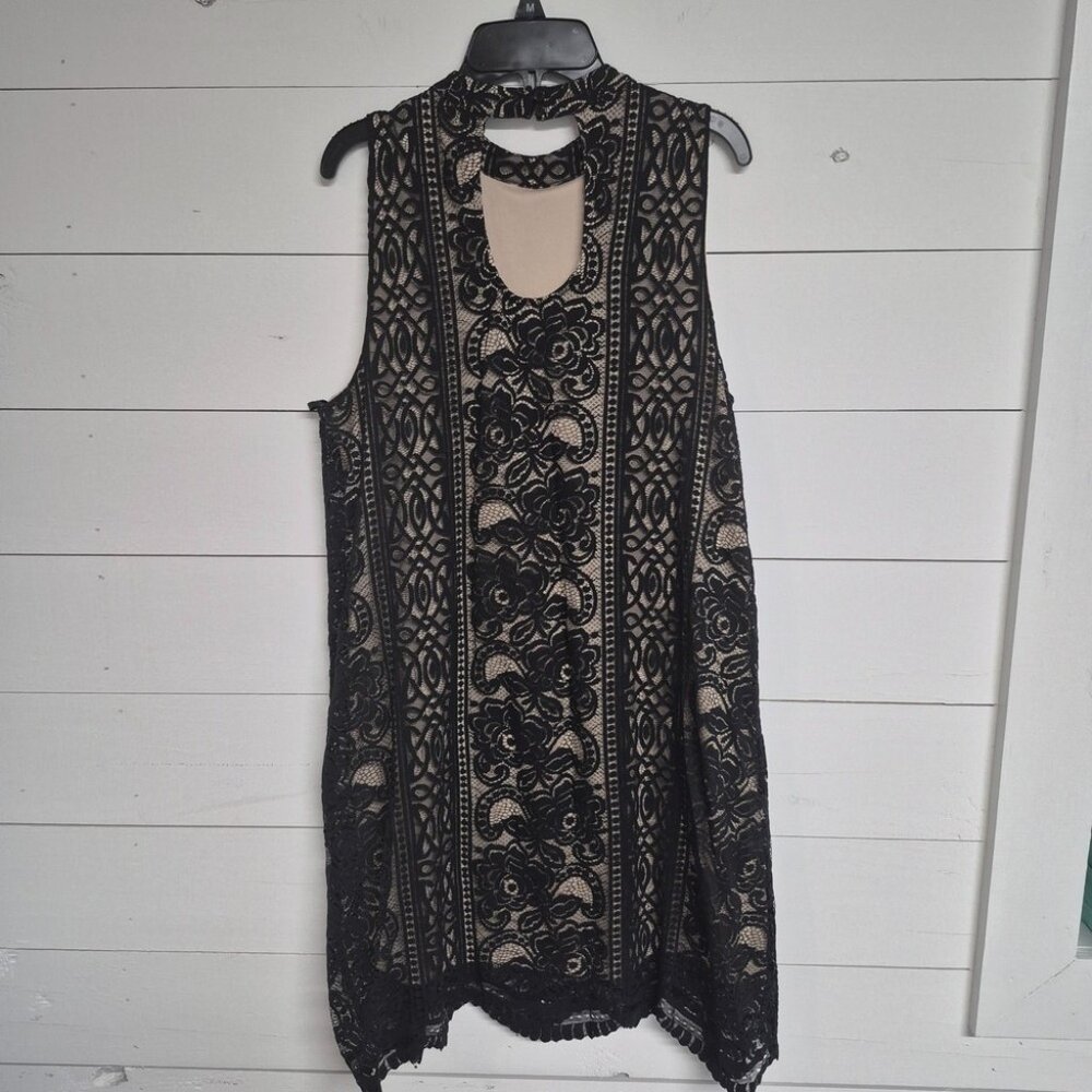 Love Fire Black Lace Sleeveless Dress With Nude Lining Floral Pattern High Neck - Picture 2 of 6